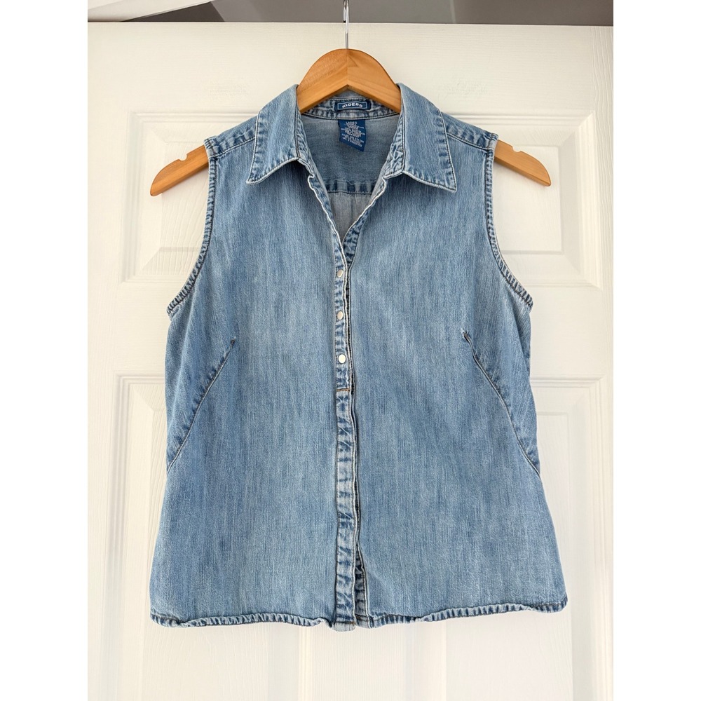 VTG 90s Denim Sleeveless Button Down Shirt Womens Mom Fashion Cowgirl Chic